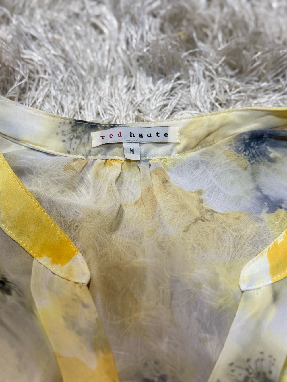 Floral Sheer Flowy Blouse | V-Neck | Yellow Watercolor Summer Top | Medium - Picture 9 of 14